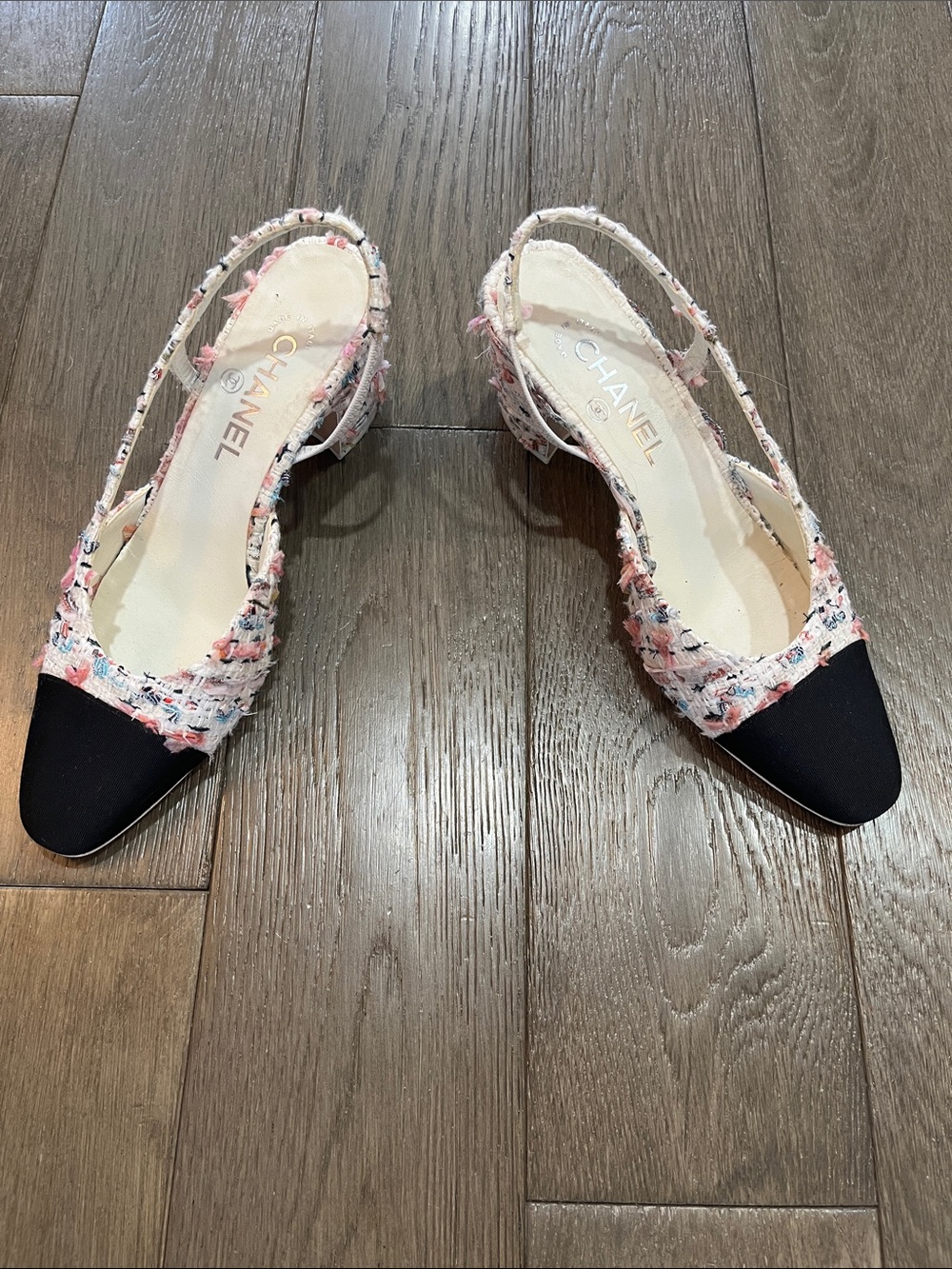 CHANEL Pink Tweed Slingback Heels with Black Cap Toe